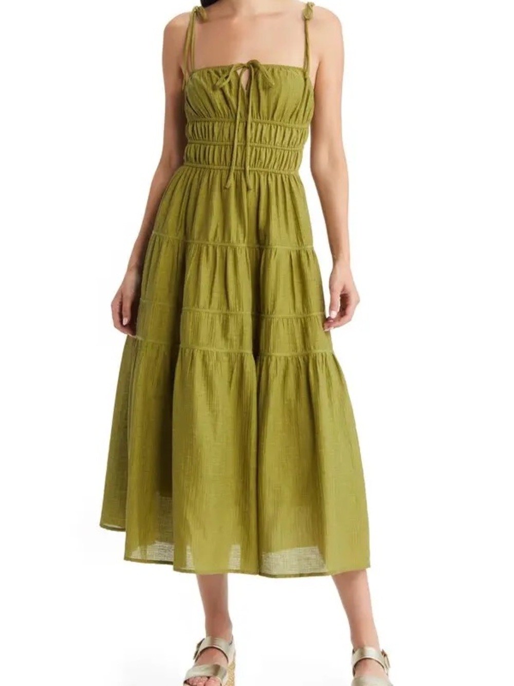 Moon River Olive Green Tiered Midi Sundress with Tie Straps